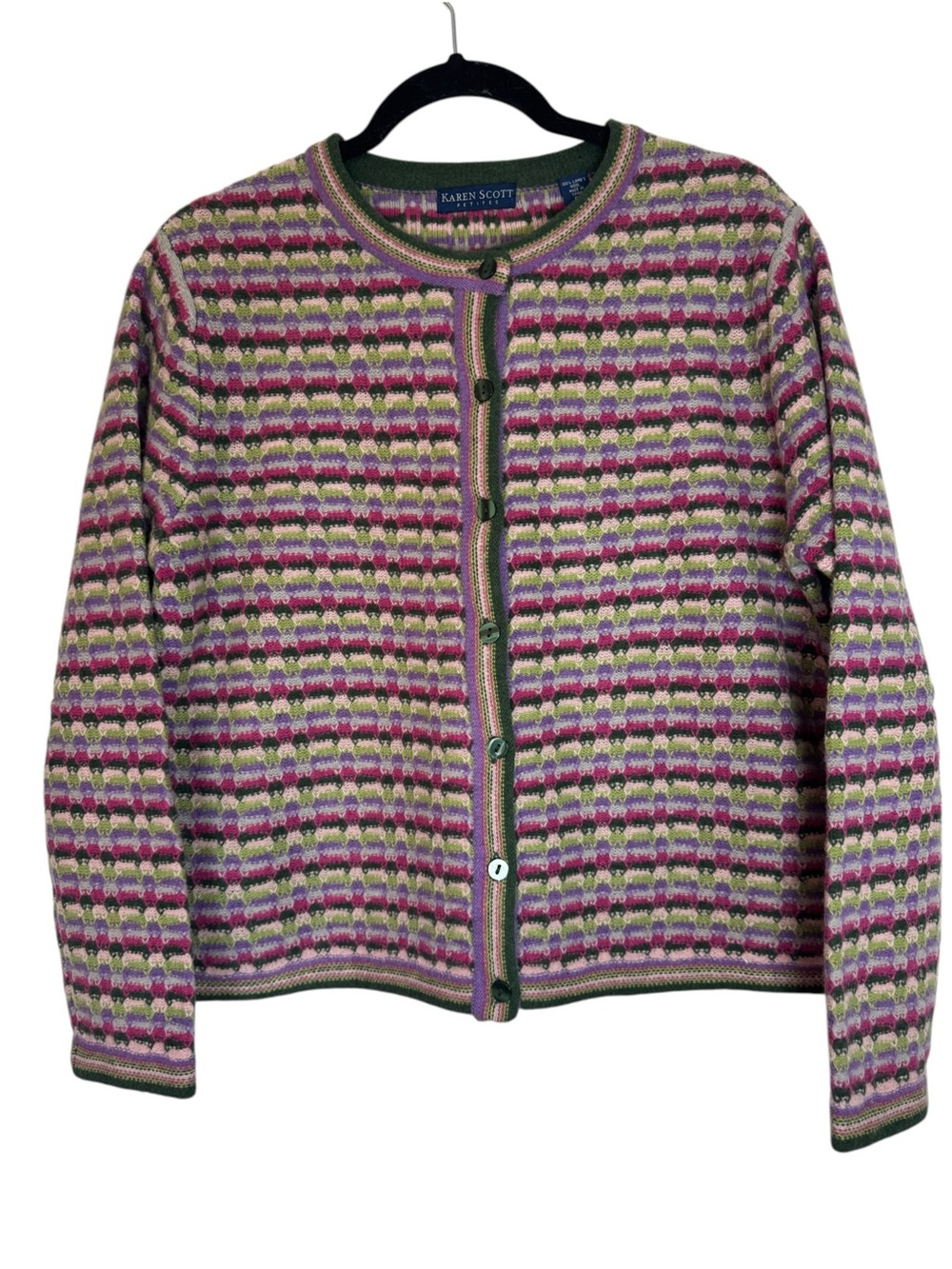 Karen Scott 100% Wool Striped Knit Button-Front Large Petite Cardigan